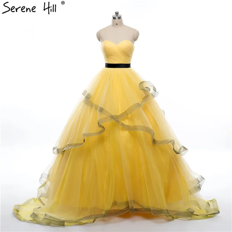 Diynav Tulle Wedding Dress Ruffles Ball Gown Beaded Yellow Bungundy Court Train Bridal HZ1017