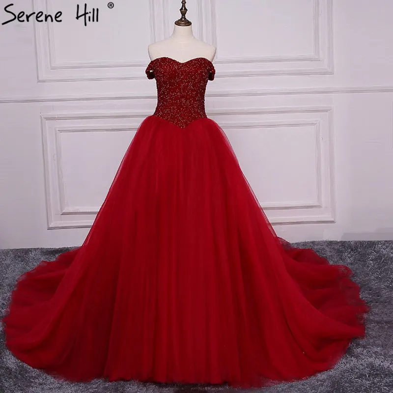 Diynav Beading Burgundy Crystal Puffy Ball Gown Wedding Dresses HZ1017