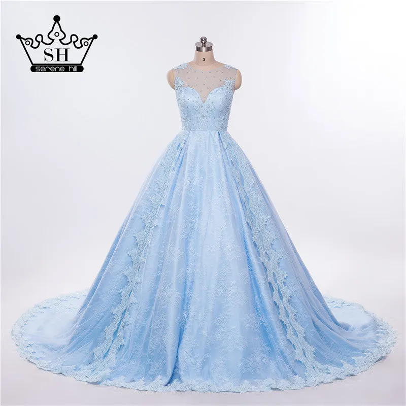 Diynav Light Blue Top Quality Pearls See Through Wedding Dress Bridal Gowns HZ1017