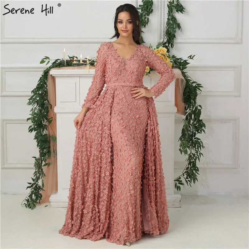 Diynav Pink Long Sleeves Evening Dresses Handmade Flowers Pearls HZ1017