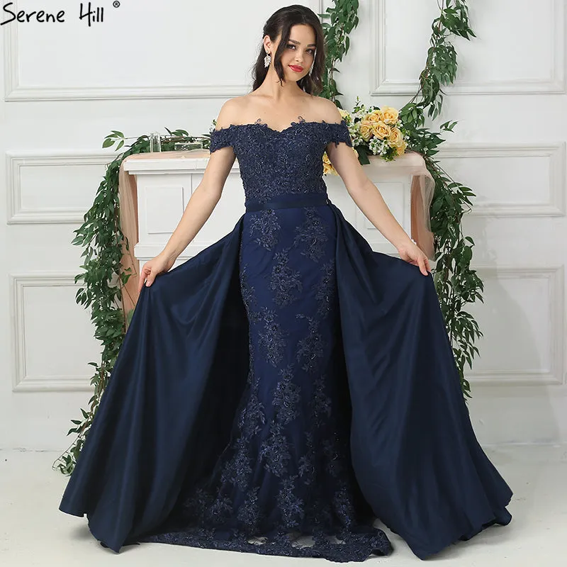 Diynav Sale no return no refundSale Off Shoulder Navy Lace Evening Dresses Beading Sleeveless Evening Gown HZ1017