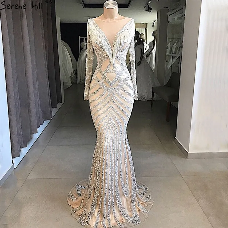 Diynav Sale no return no refundSale Nude Slim Mermaid Luxury Evening Dresses Long Sleeves Beading Tassel Fashion HZ1017