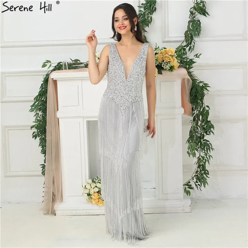 Diynav Design Silver Sexy Deep-V Evening Dress Sequined HZ1017