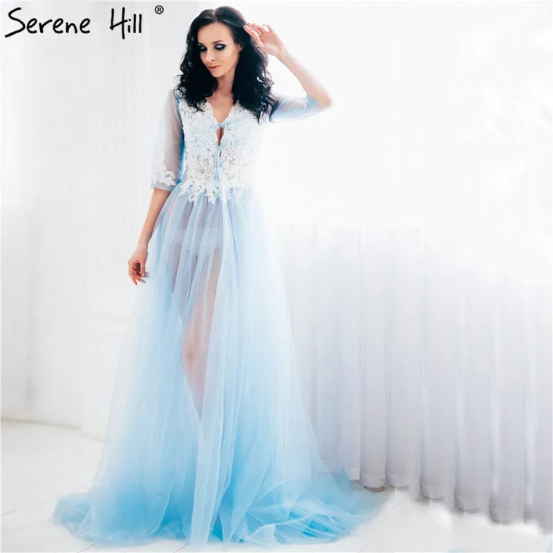 Diynav Sale No Return No Refund Sale Formal dress Long Sleeve See Through Blue Evening Dresses Custom Size Plus Size HZ1017