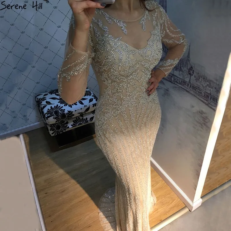 Diynav Silver Grey Luxury Evening Dresses Mermaid Beading Slim HZ1017