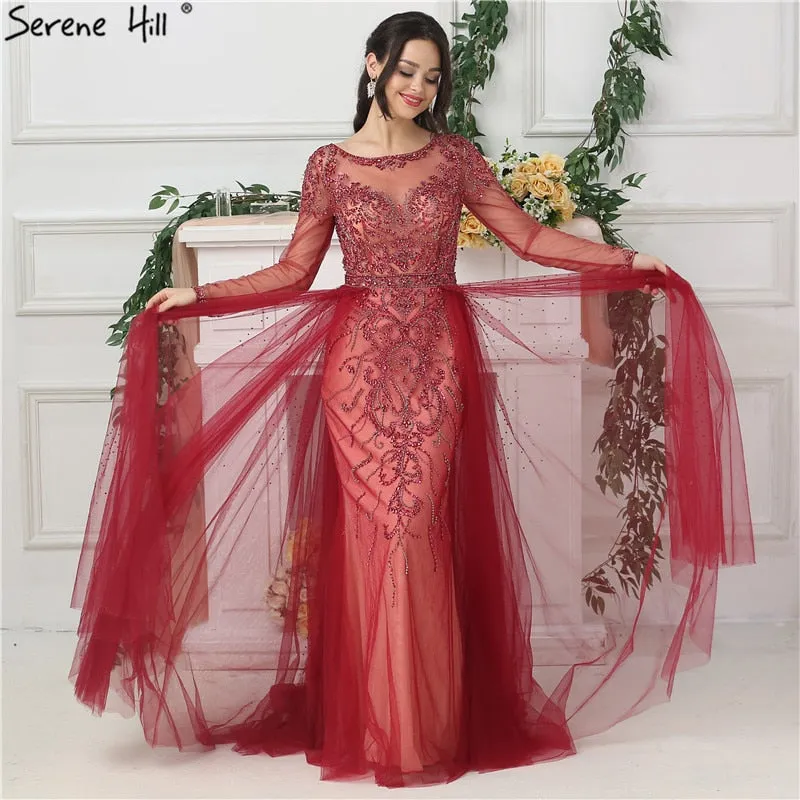 Diynav Sale no return no refundSale Wine Red Diamond Crystal Evening Dress Long Sleeve HZ1017