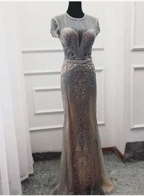 Diynav Sleeveless full diamond o neck Sexy Evening Dresses Dubai Design HZ1017