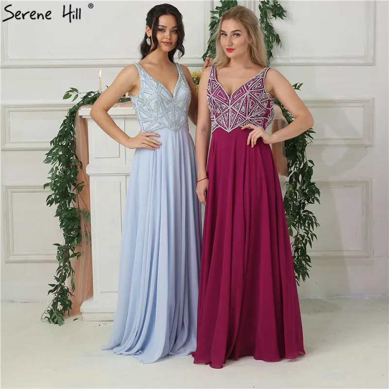 Diynav Sale no return no refundSale Sky Blue Chiffon Sleeveless Prom Dresses Beading Pearls V-Neck Beach Evening Gowns HZ1017